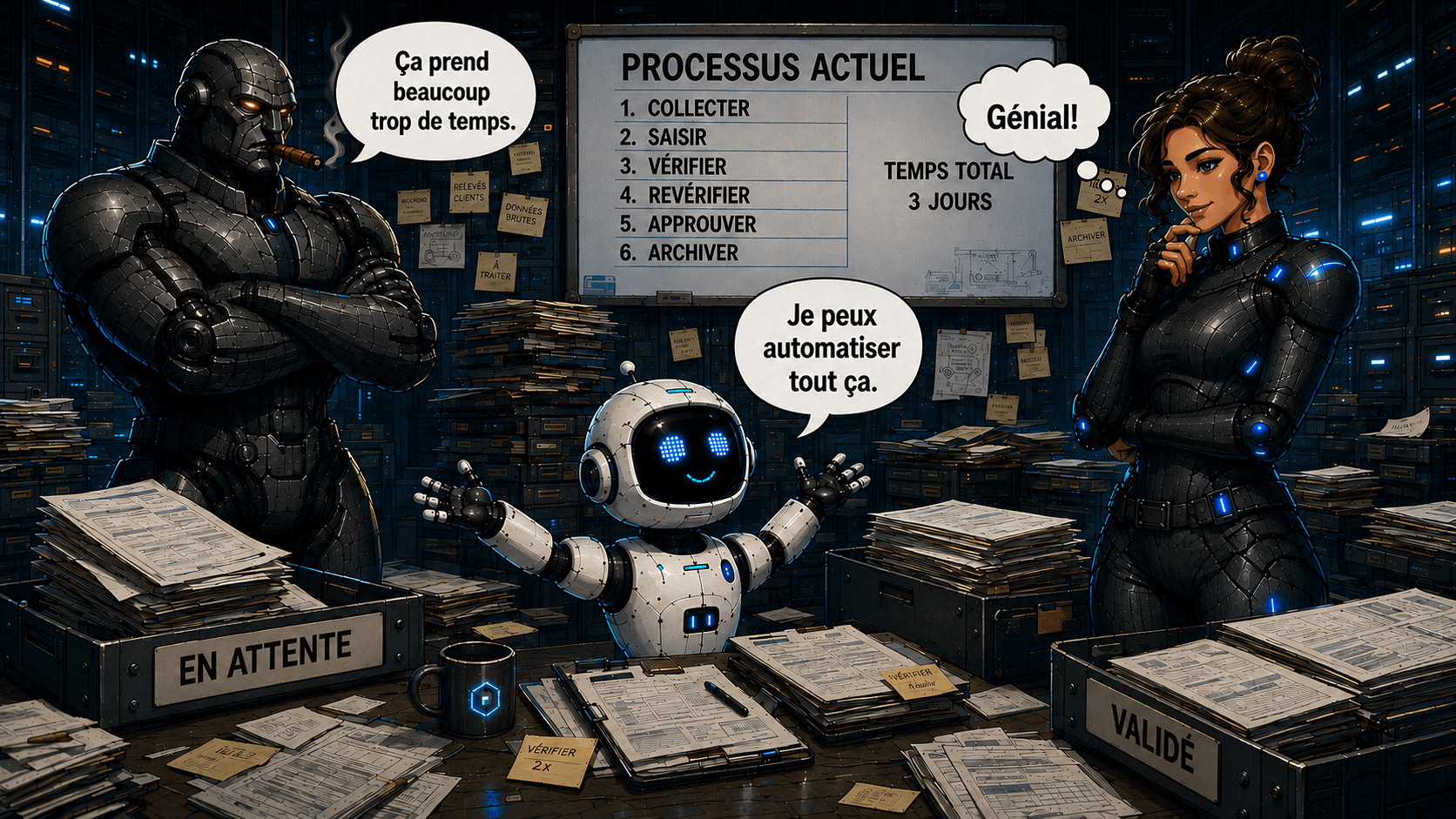 Case 1 : devant un tableau « Processus actuel » (collecter, saisir, vérifier, revérifier, approuver, archiver — temps total 3 jours), le Robot Graphite dit « Ça prend beaucoup trop de temps », le Petit Robot répond « Je peux automatiser tout ça ».