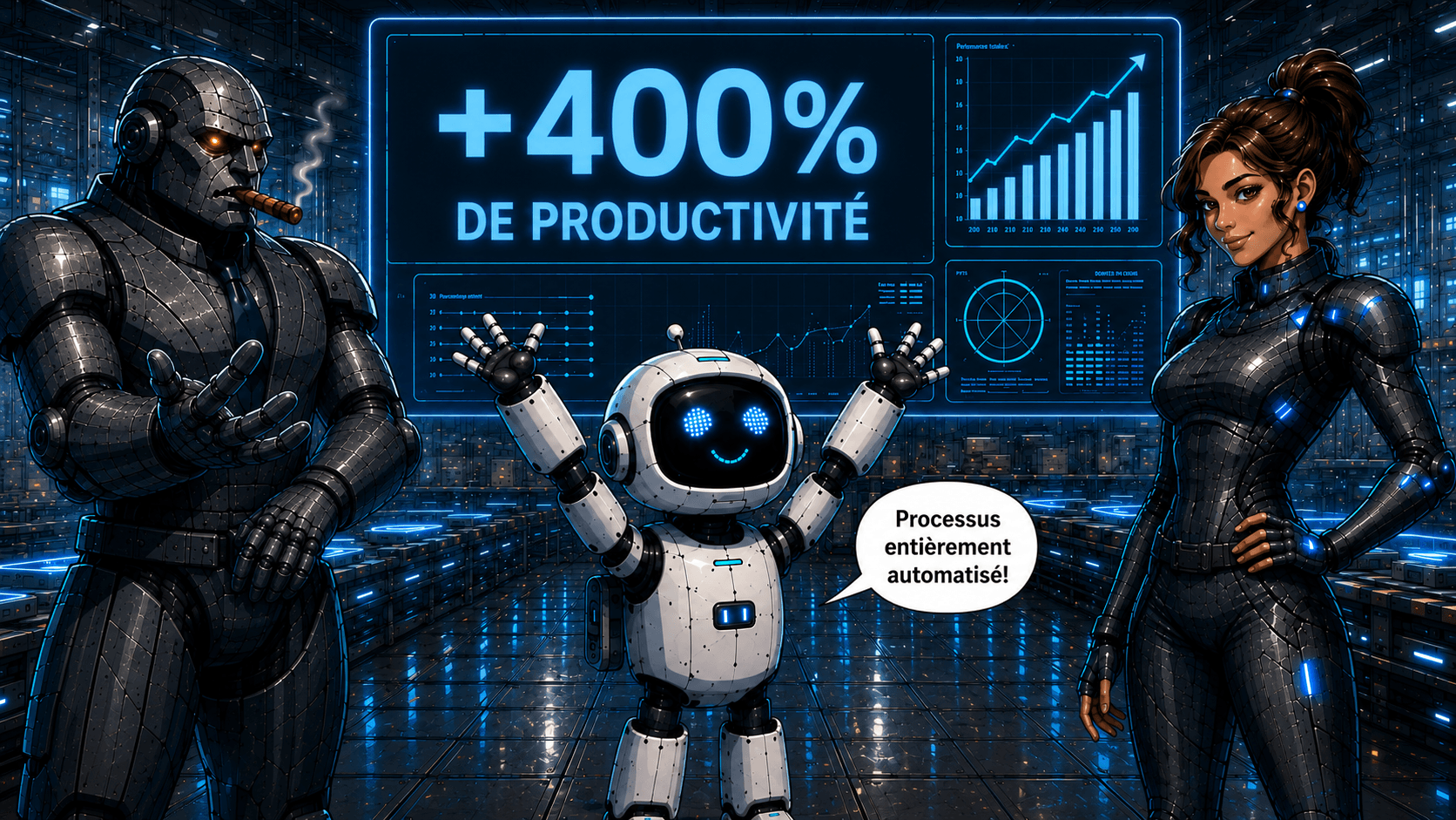 Dans une installation robotisée, des écrans affichent « règles appliquées, vérifications automatisées, approbations automatiques, archivage instantané » pendant que le Graphite observe le processus automatisé avec satisfaction.